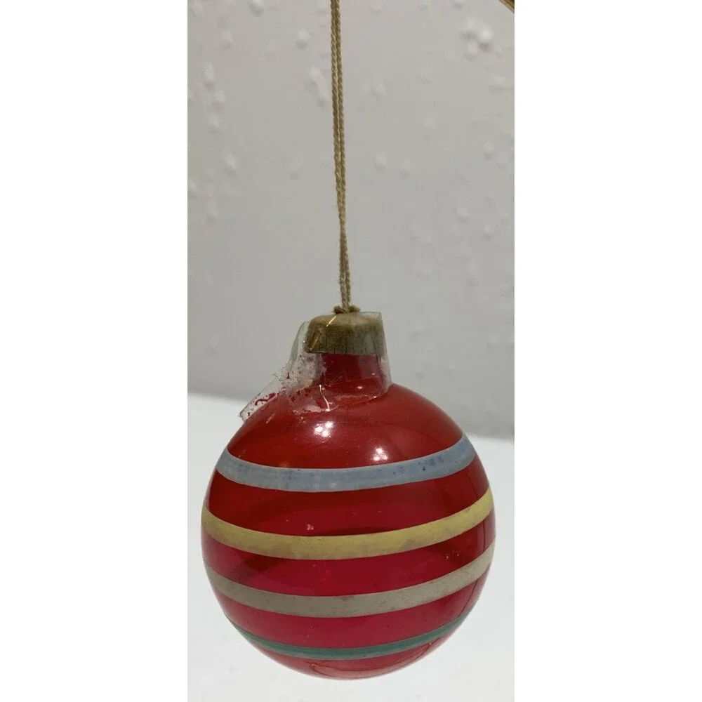 Vintage Glass Christmas Ornament Unsilvered Pink Blue White Stripes Paper Cap